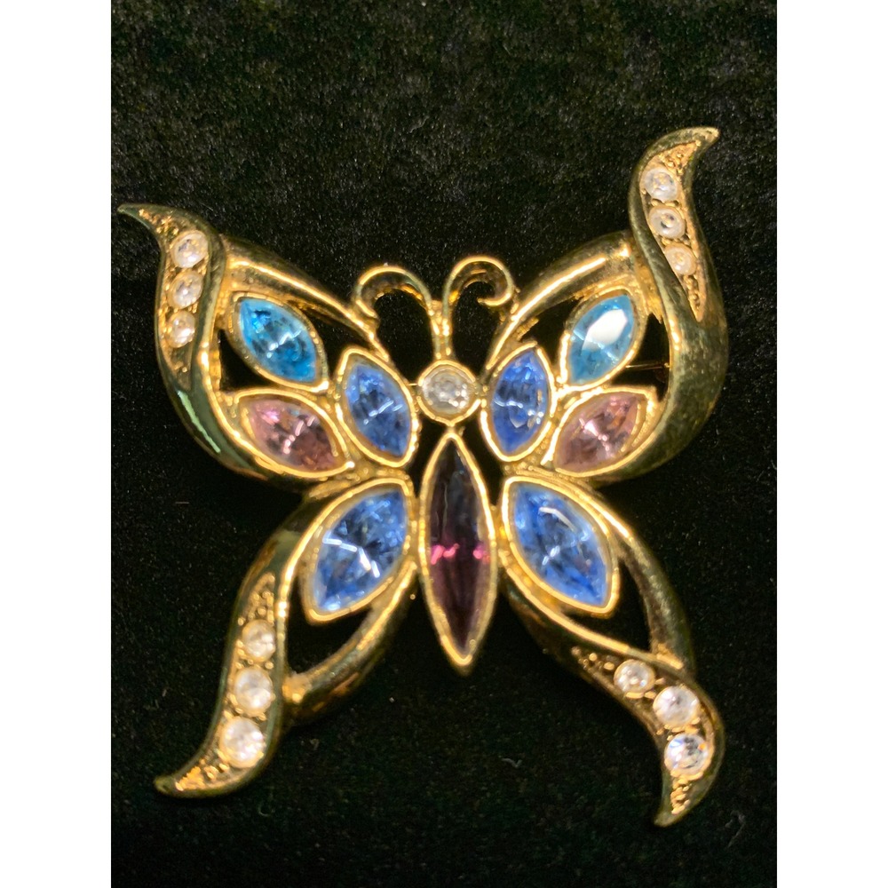 Vintage Gold Tone Butterfly Brooch Blue Pink Purple Crystal Rhinestone Pin 0189